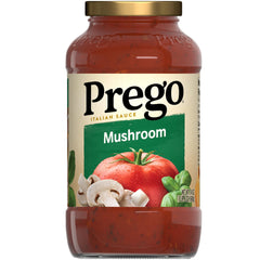 Prego Mushroom Pasta Sauce jar showing rich tomato-mushroom blend for quick family dinners.