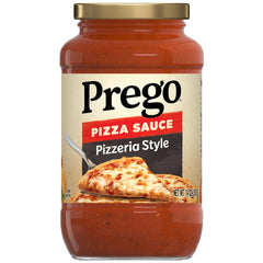 Prego Pizzeria Style sauce jar for easy, flavorful pizzas.