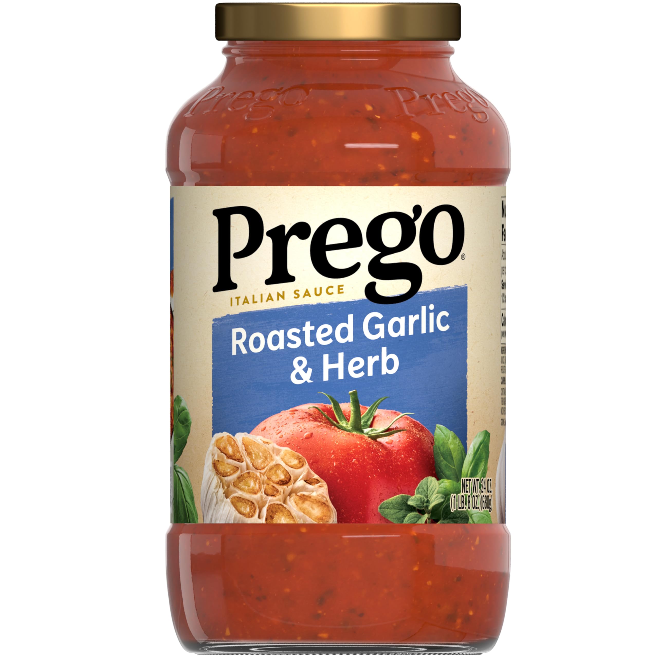 Prego Roasted Garlic & Herbs sauce jar, ideal base for quick, flavorful weeknight pasta.