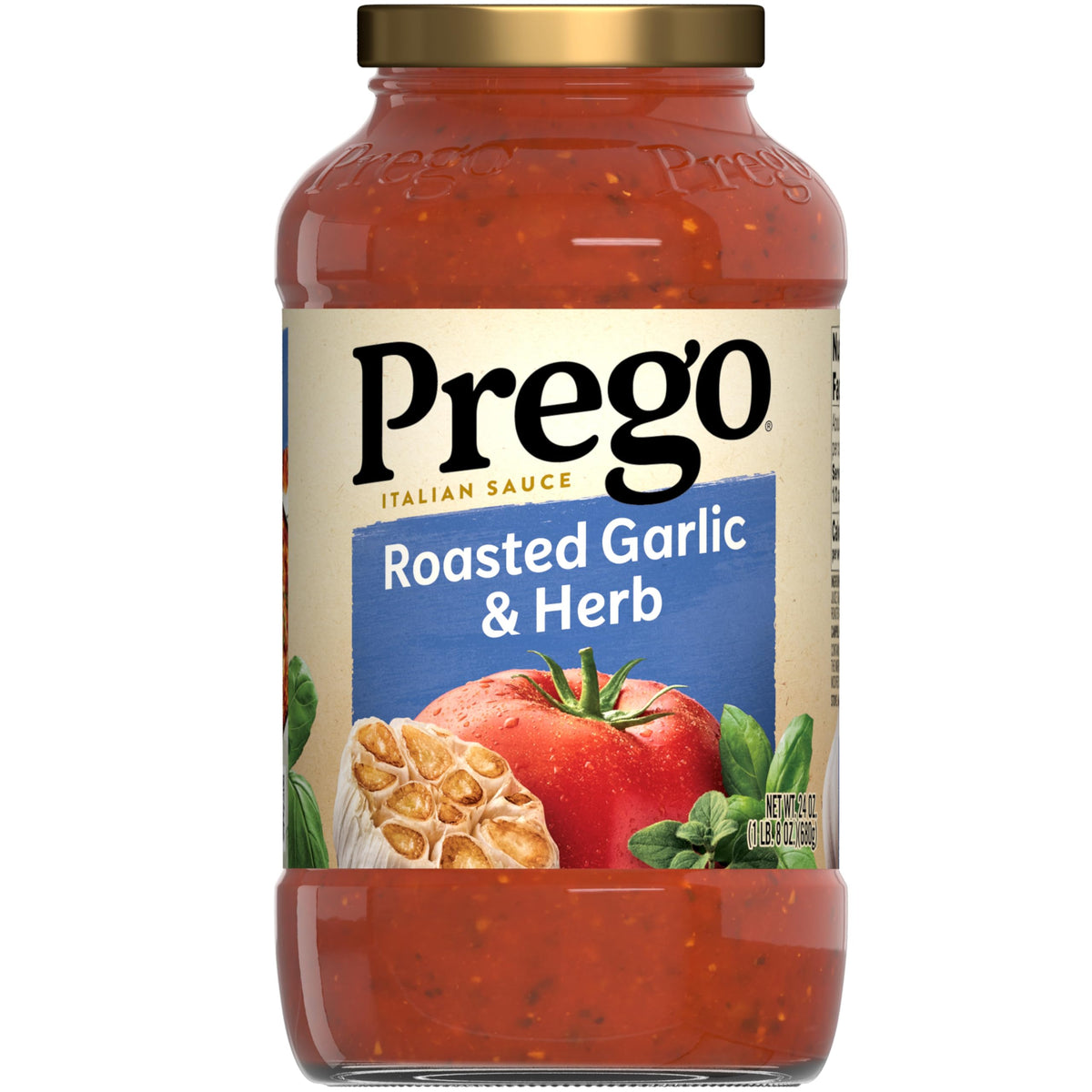 Prego Roasted Garlic & Herbs sauce jar, ideal base for quick, flavorful weeknight pasta.