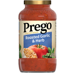 Prego Roasted Garlic & Herbs sauce jar, ideal base for quick, flavorful weeknight pasta.