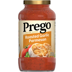 Prego roasted garlic and Parmesan sauce jar enhances weeknight pasta with rich flavor.