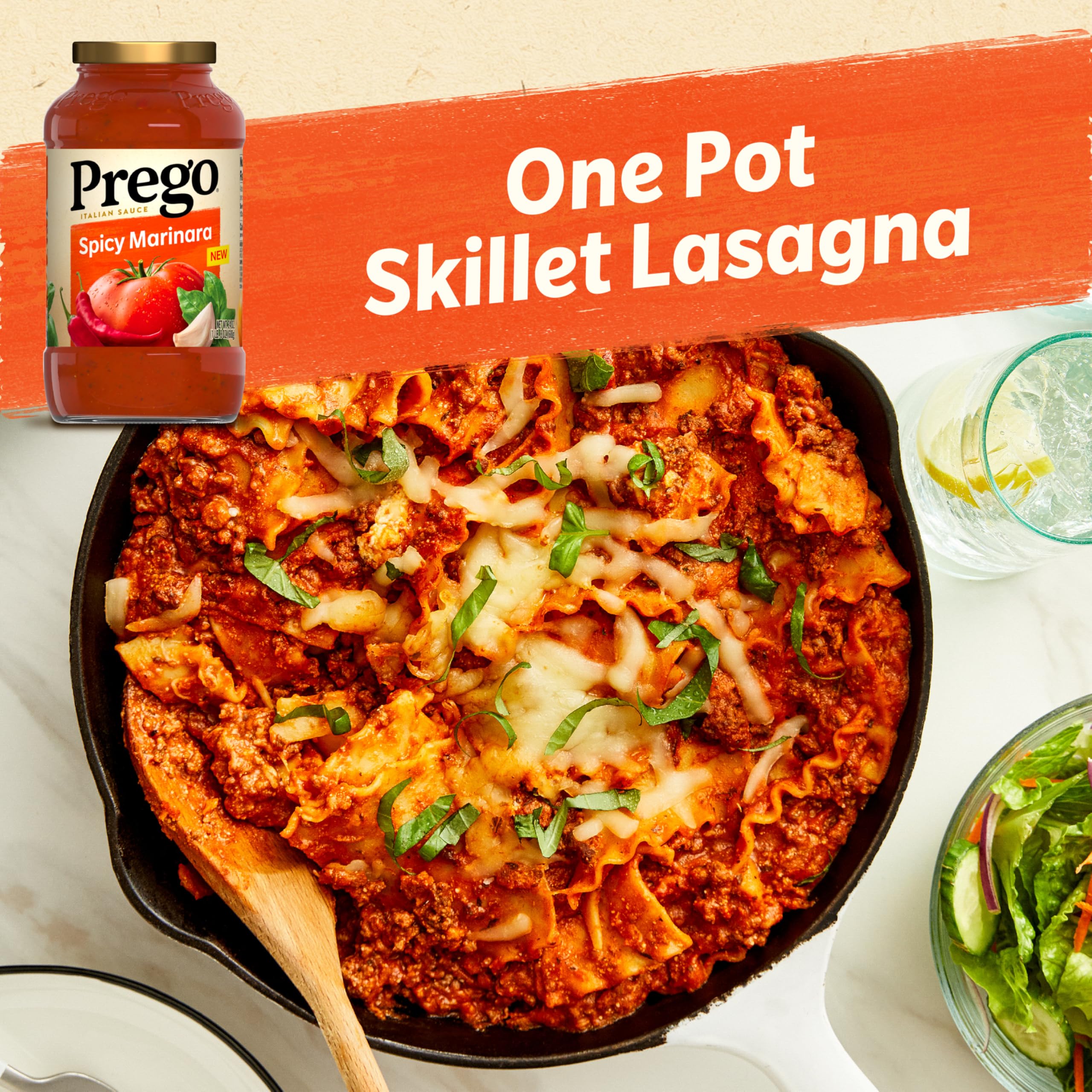 Prego Spicy Marinara on pasta, vibrant flavor for families
