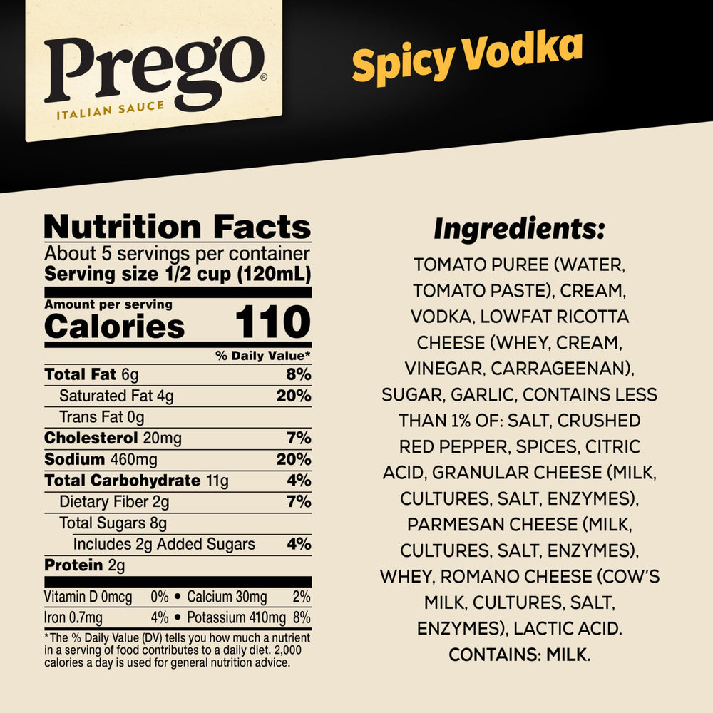 Prego Spicy Vodka Sauce jar label closeup, highlights authentic creamy tomato flavor.