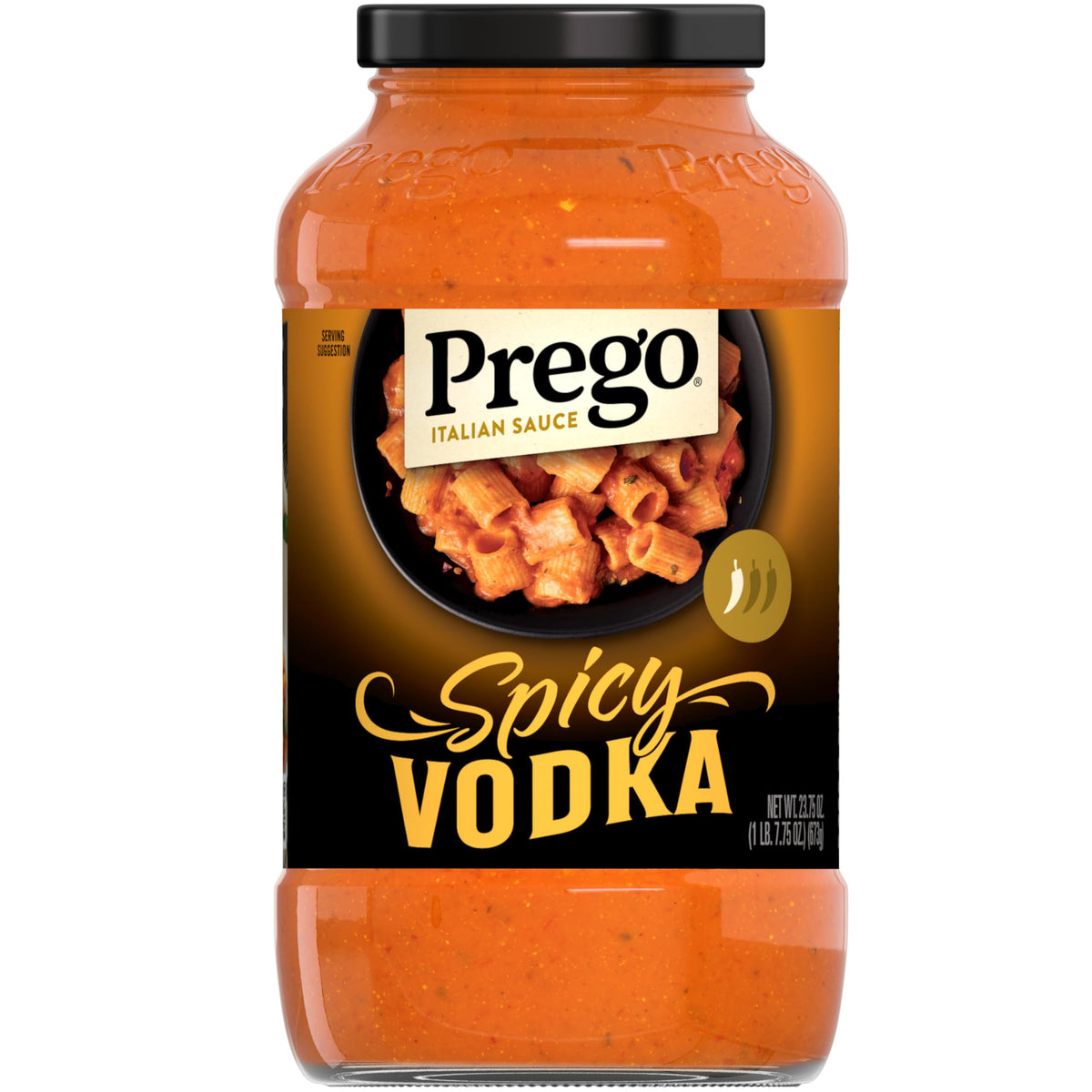 Prego Spicy Vodka Sauce jar on shelf, ideal for quick family dinners.
