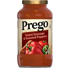 Prego sweet sausage and roasted peppers sauce jar ideal for quick weeknight pasta.