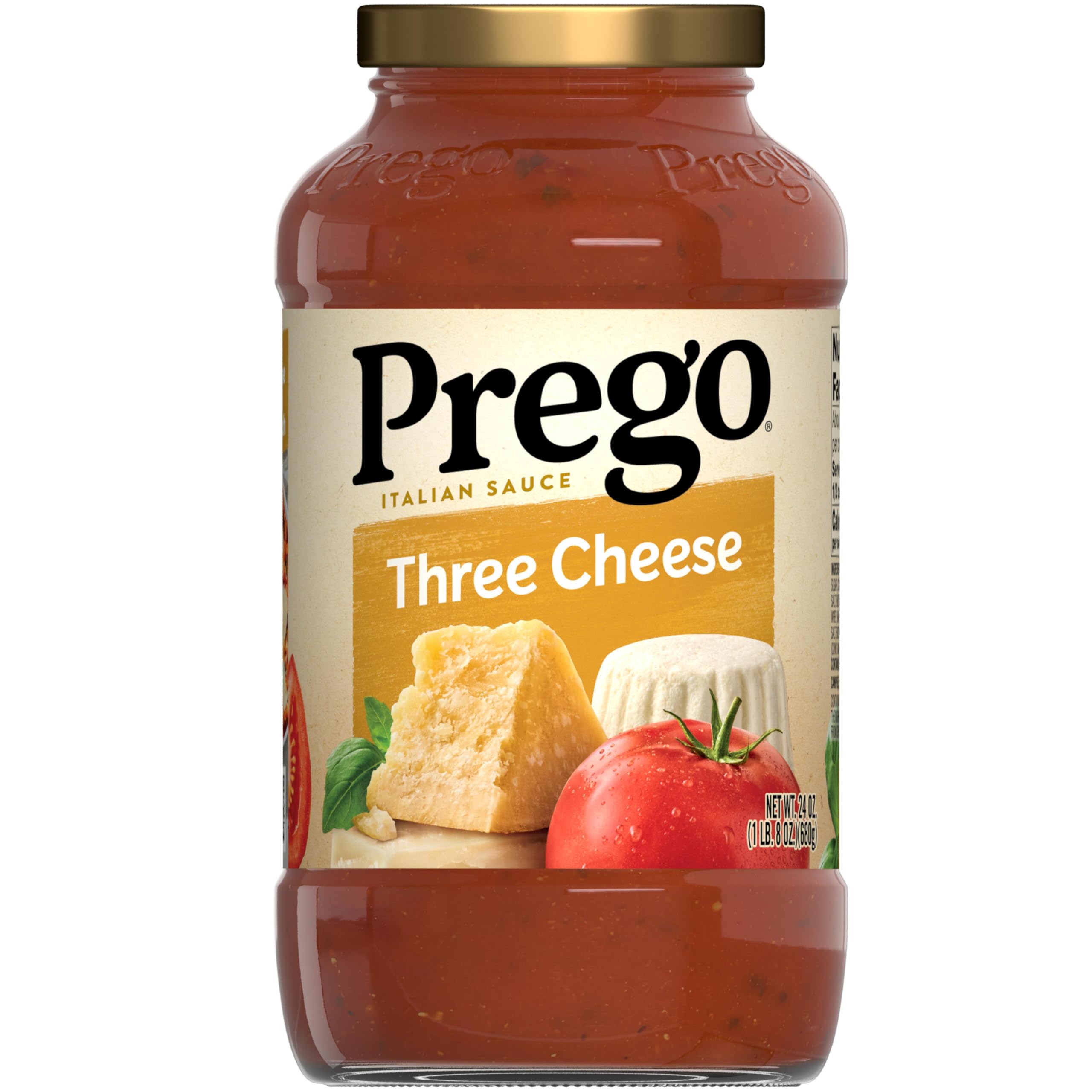Prego Three Cheese sauce jar on kitchen counter, ideal for quick family dinners.