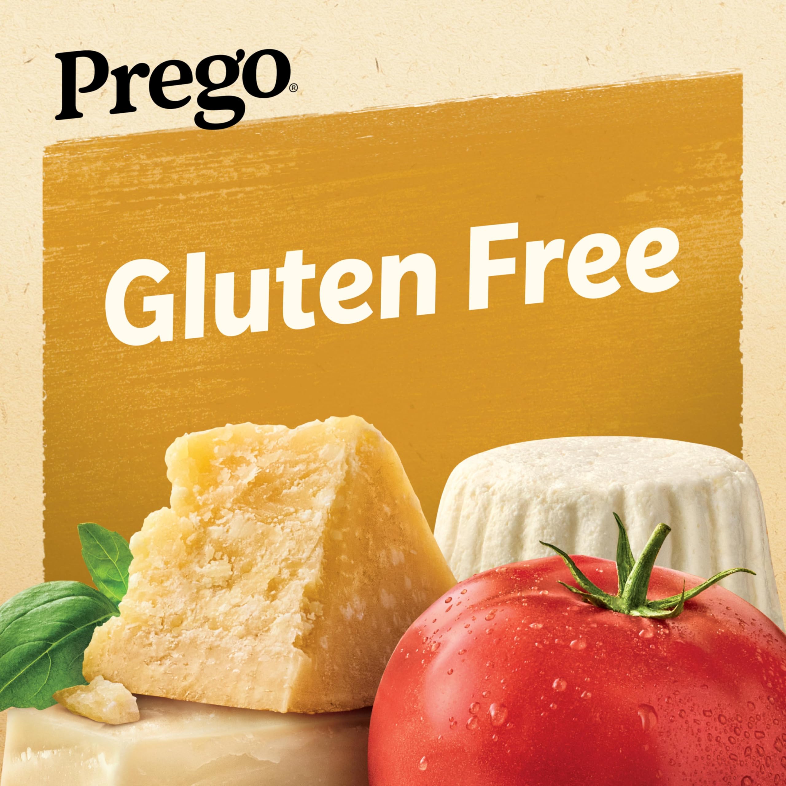 Gluten-free Prego Three Cheese sauce bottle highlights family-friendly option.