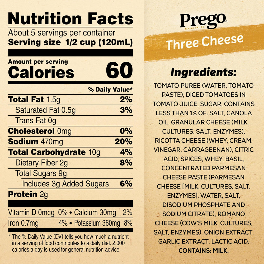 Prego Three Cheese sauce pours smoothly from the jar, ready for pasta.