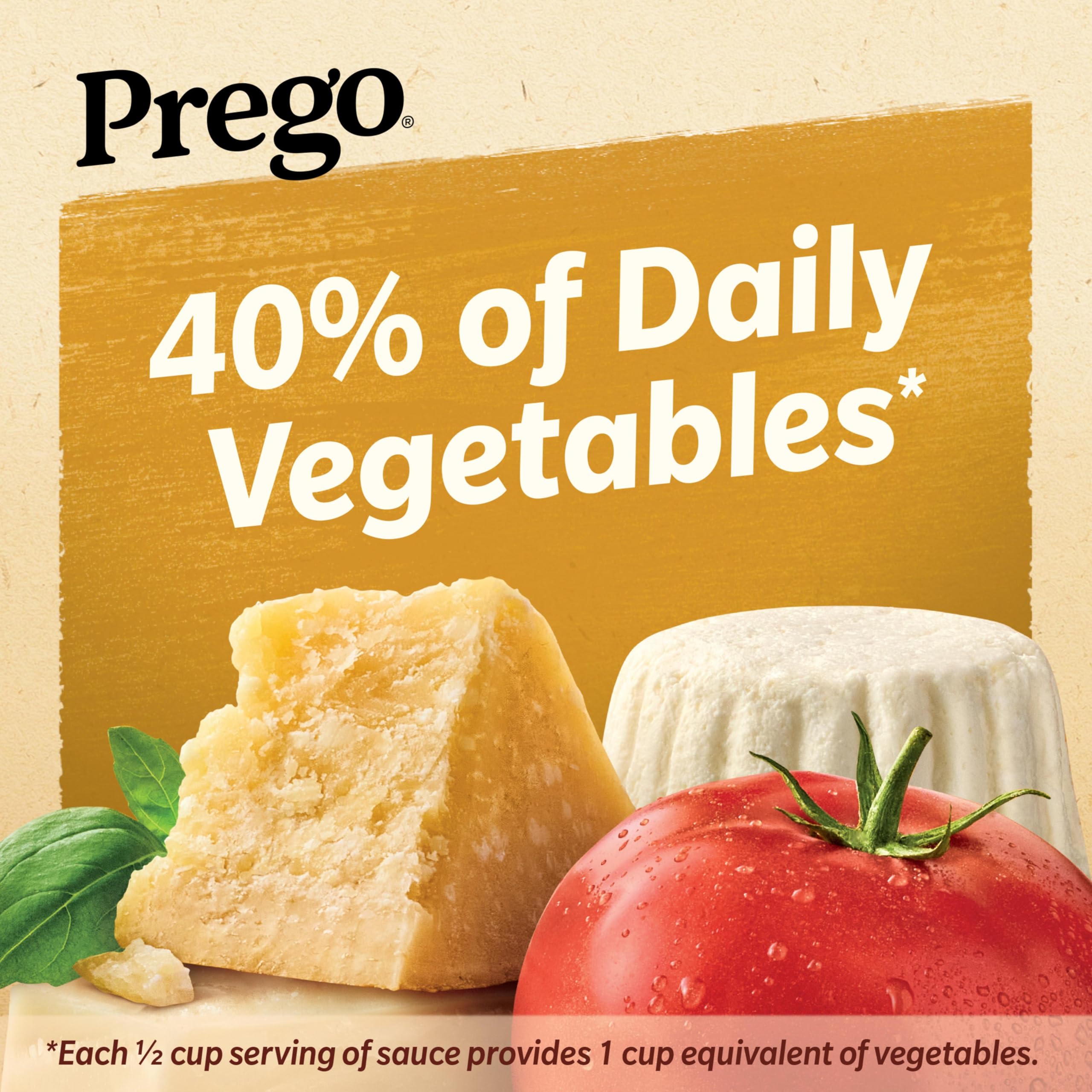 Tomato vines and fresh herbs visible in Prego sauce for vibrant flavor.