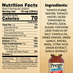 Prego sauce jar close-up highlighting vine-ripened tomatoes and rich flavor.