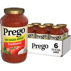Prego Traditional No Sugar Added sauce in a case of six jars for easy family meals.