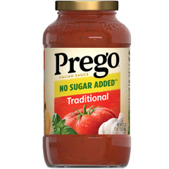 Prego traditional no sugar added pasta sauce jar with rich vine-ripened tomatoes for family meals