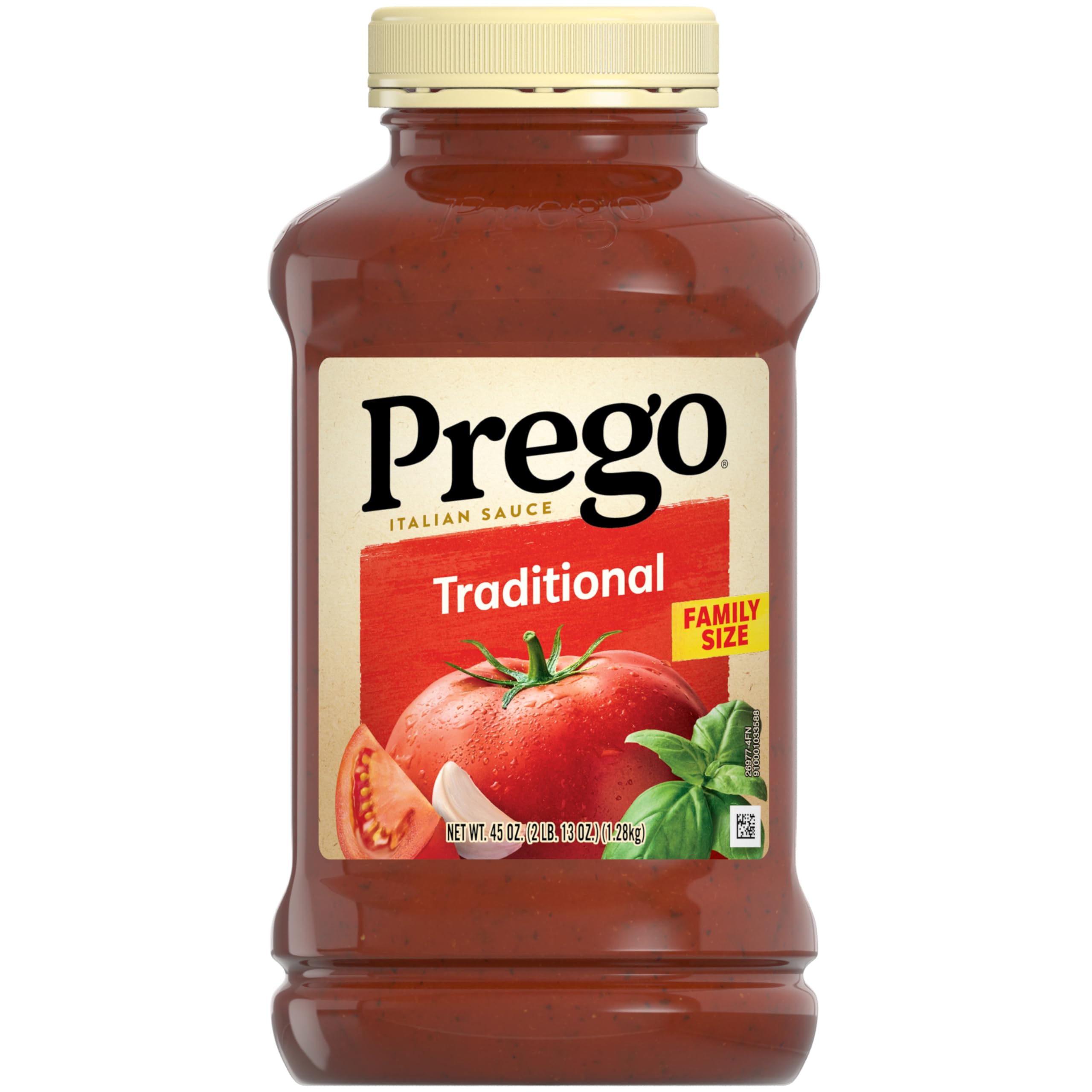 Prego Traditional Pasta Sauce jar on the kitchen counter, ideal for quick family dinners.