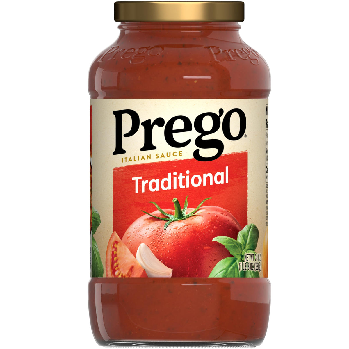 The Prego Traditional Pasta Sauce jar on a pantry shelf for family meals.