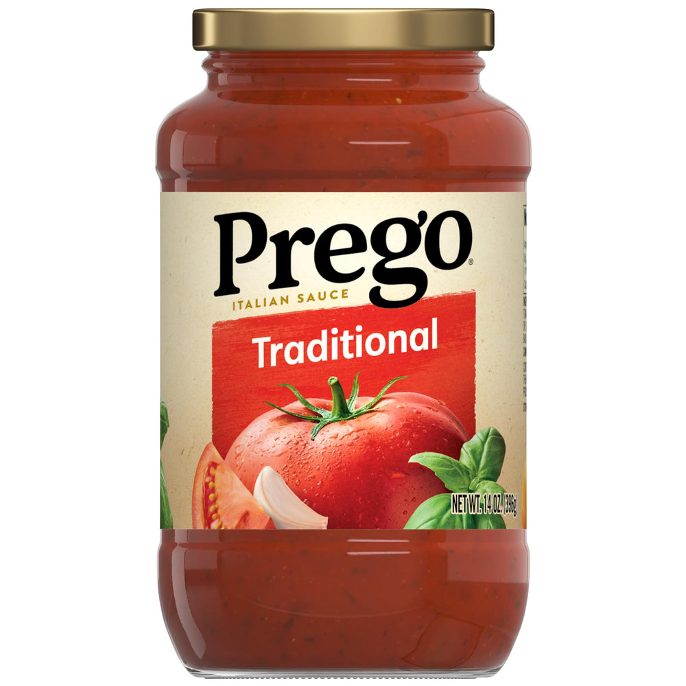 Prego traditional pasta sauce jar with vine-ripened tomatoes for rich flavor and easy weeknight meals