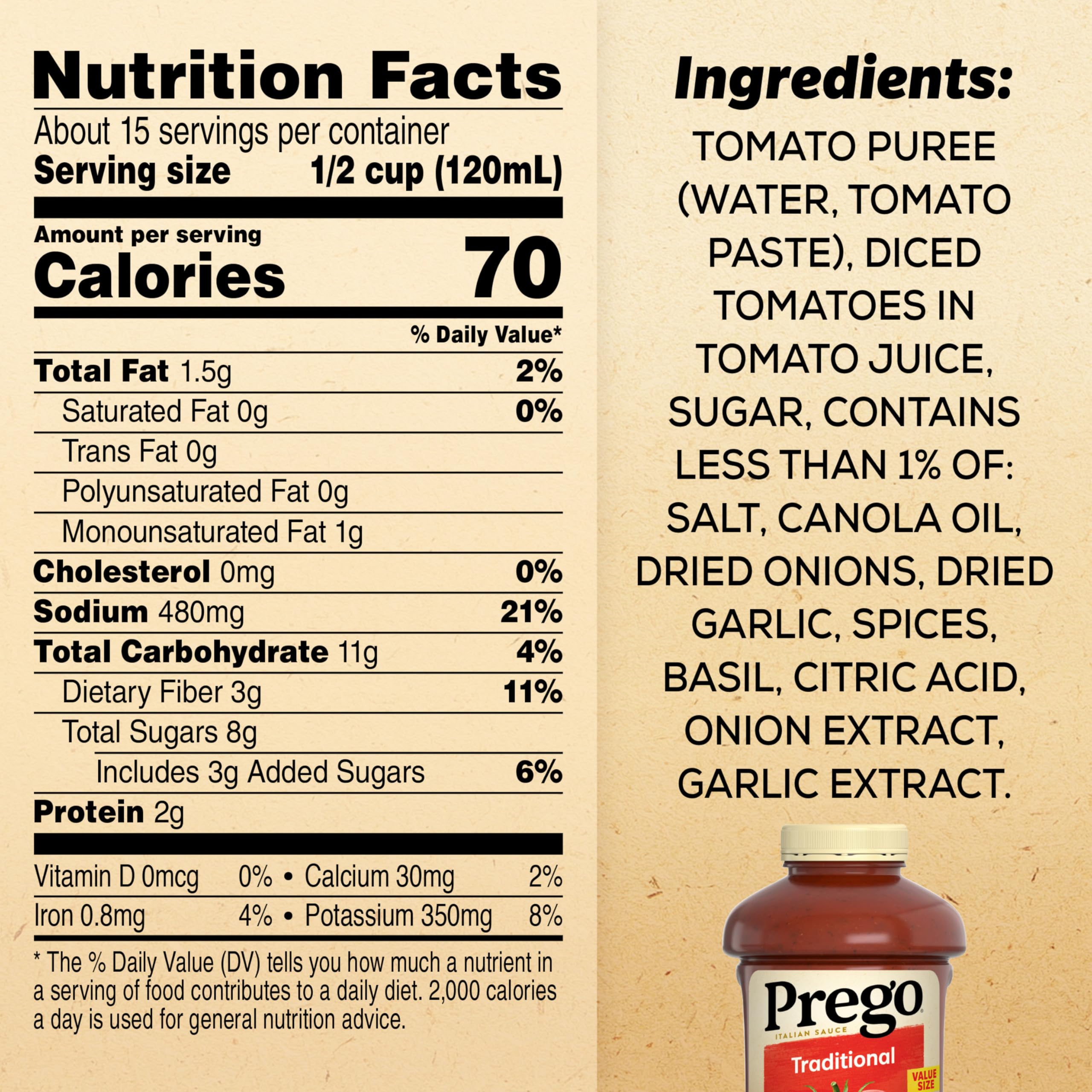 Prego Traditional Pasta Sauce thick, smooth texture highlighting tomato flavor