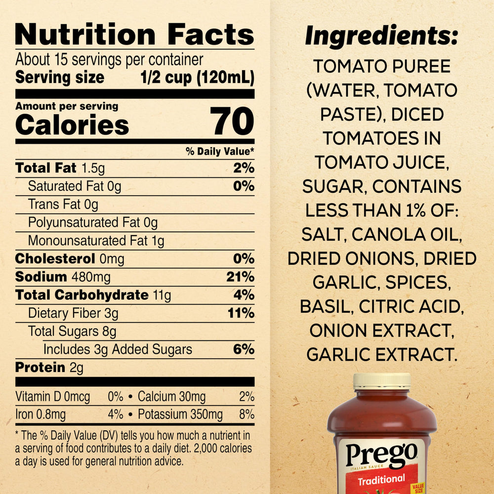Prego Traditional Pasta Sauce thick, smooth texture highlighting tomato flavor
