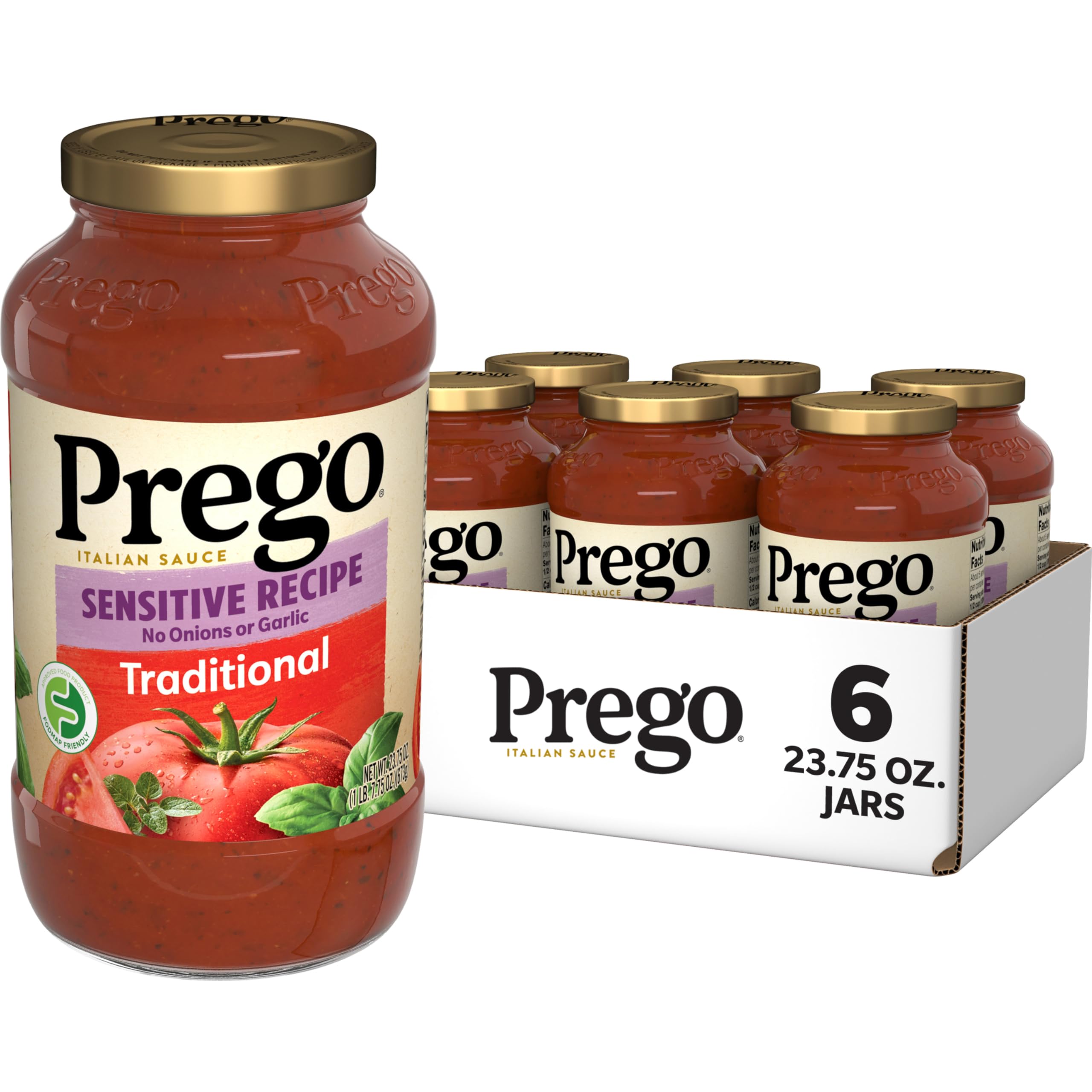 Prego Traditional Sensitive bottle closeup showing thick low FODMAP sauce texture