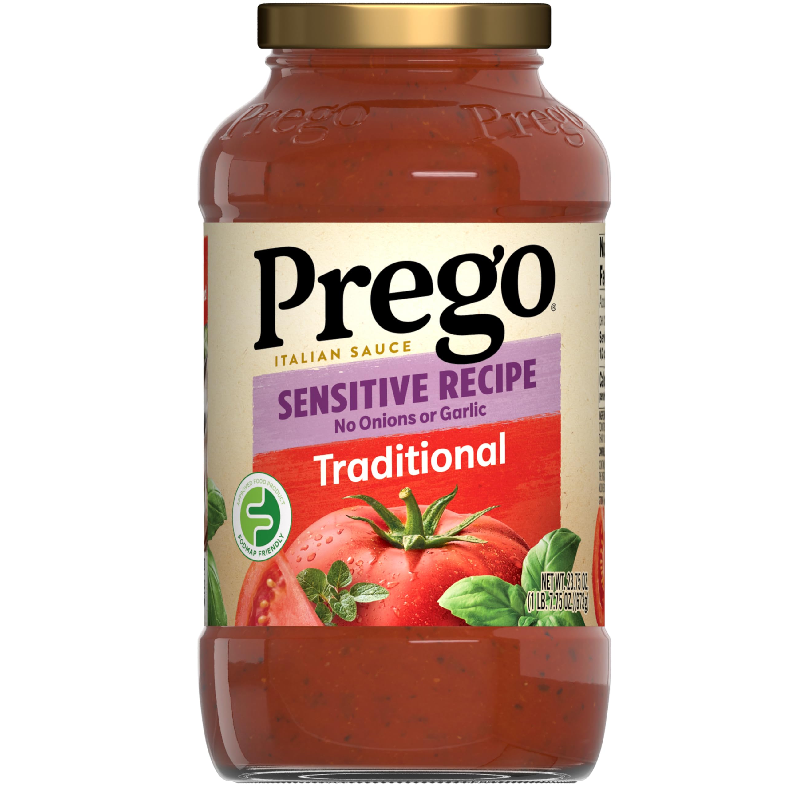 Prego Traditional Sensitive Recipe jar shows thick, smooth sauce for easy weeknight pasta.