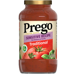 Prego Traditional Sensitive Recipe jar shows thick, smooth sauce for easy weeknight pasta.