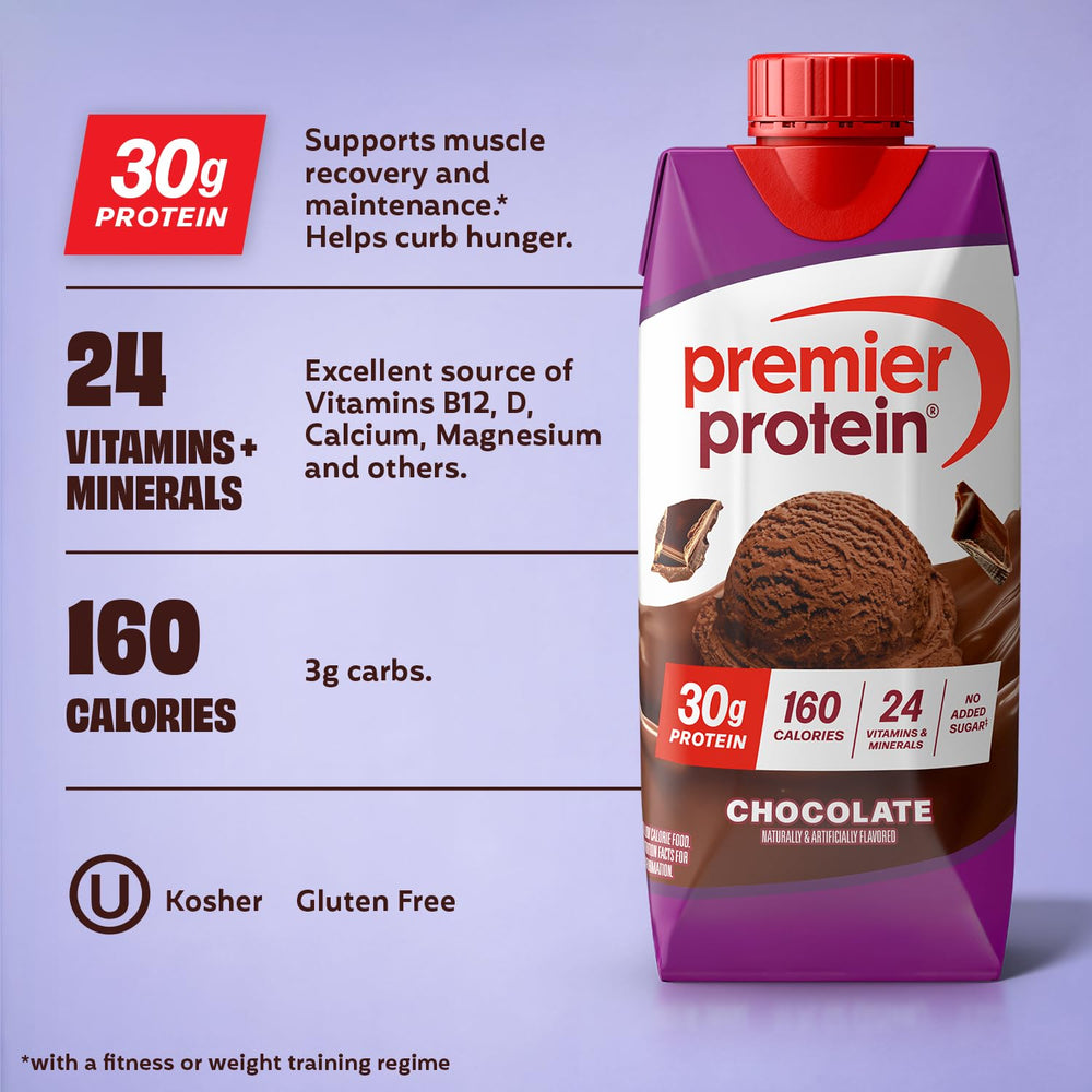 Premier Protein four-pack box for convenient weekly protein supplementation.