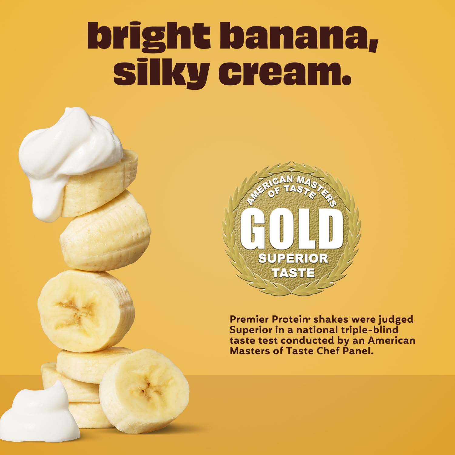 Premier Protein Bananas and Cream shake cup beside cereal suggesting versatile meal addition.