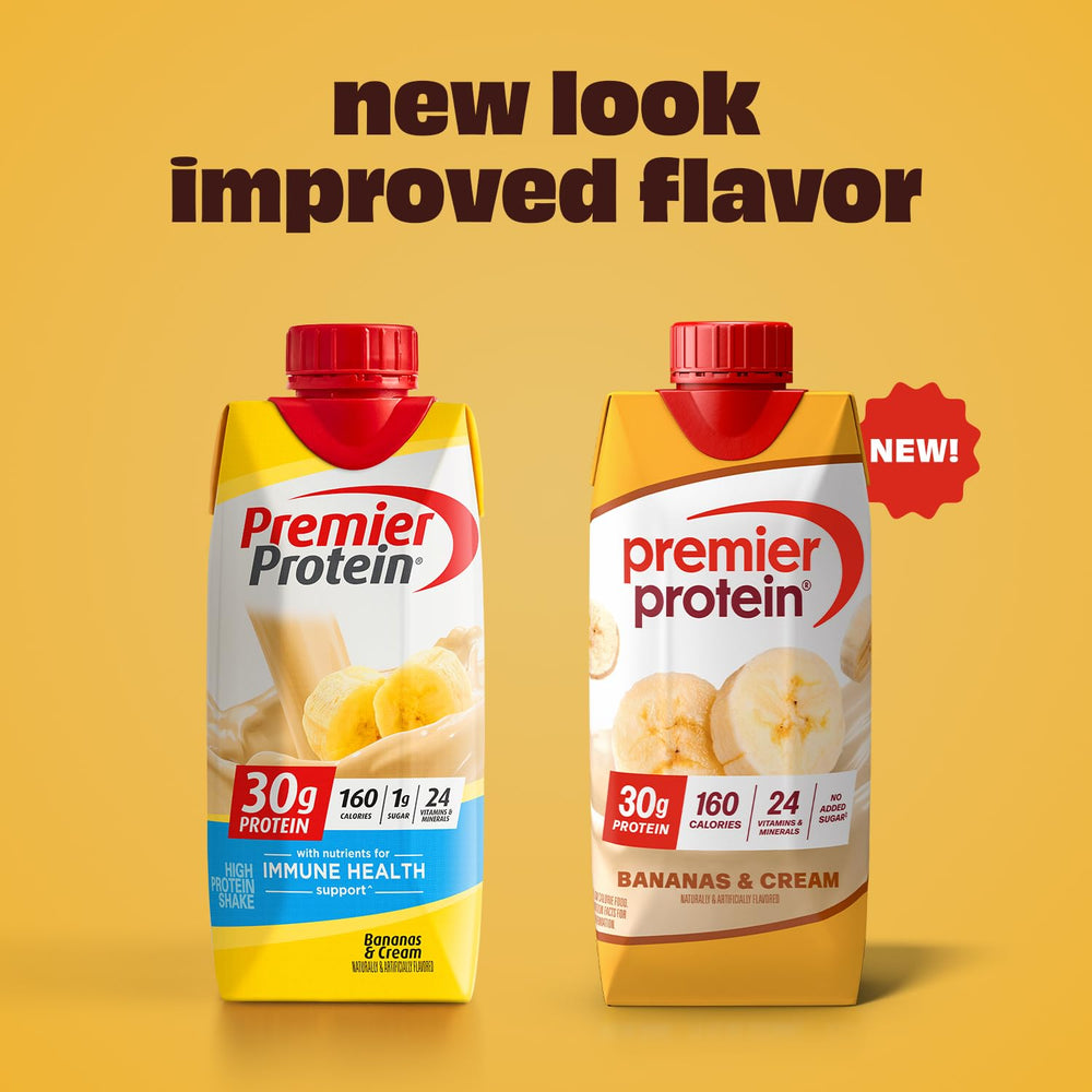 Premier Protein Bananas and Cream shake nutrition label close-up showing 24 vitamins and minerals.