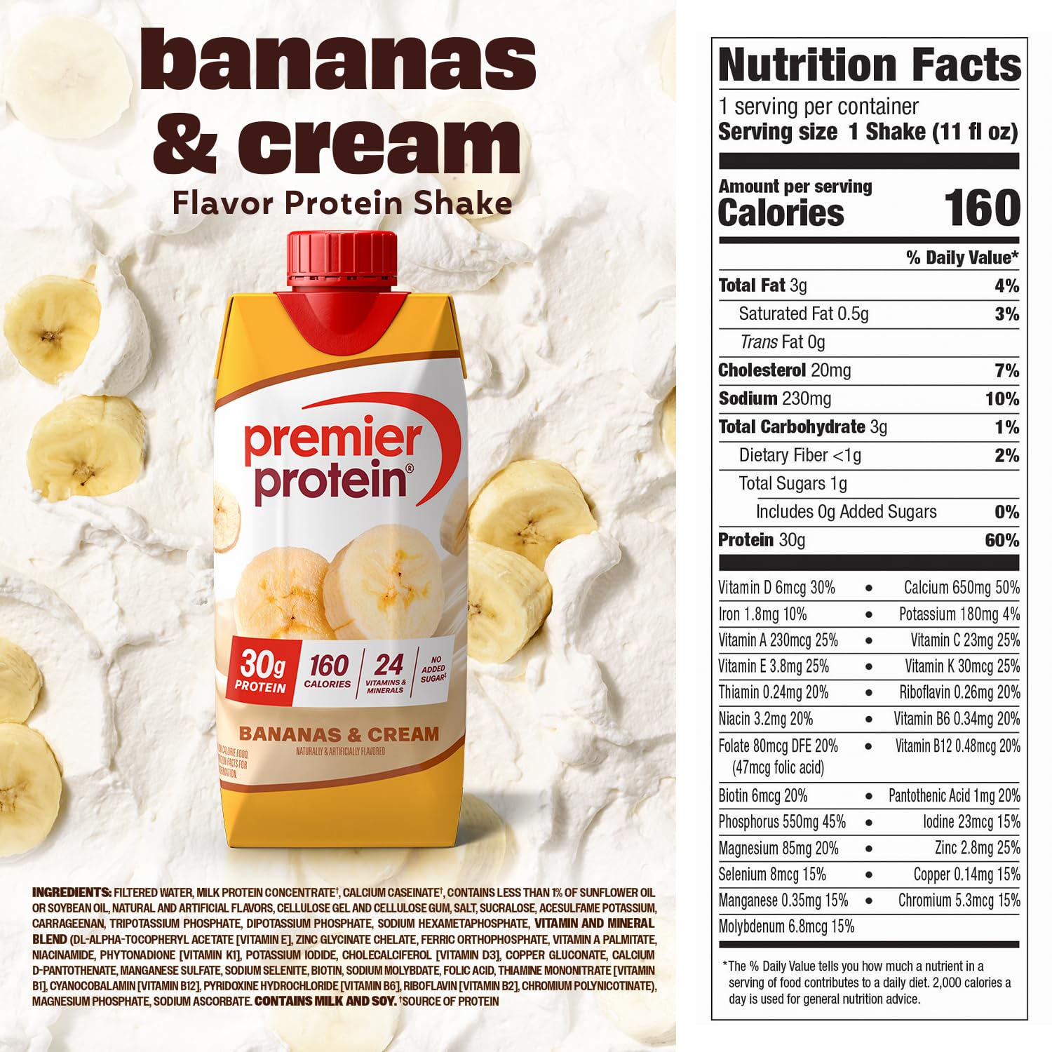 Premier Protein Bananas and Cream shake being poured into a glass for quick on-the-go fueling.