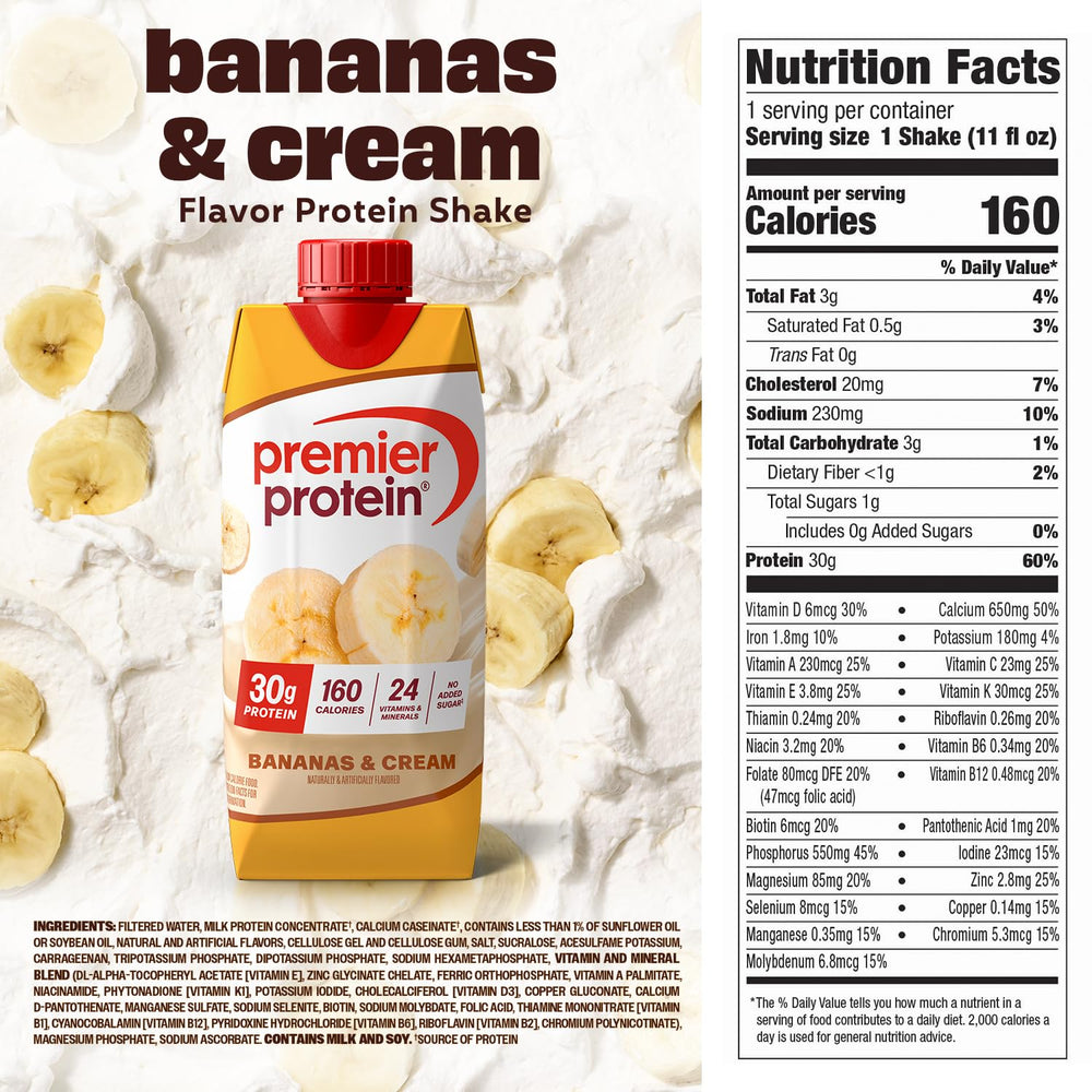 Premier Protein Bananas and Cream shake being poured into a glass for quick on-the-go fueling.