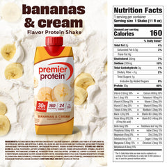 Premier Protein Bananas and Cream shake being poured into a glass for quick on-the-go fueling.