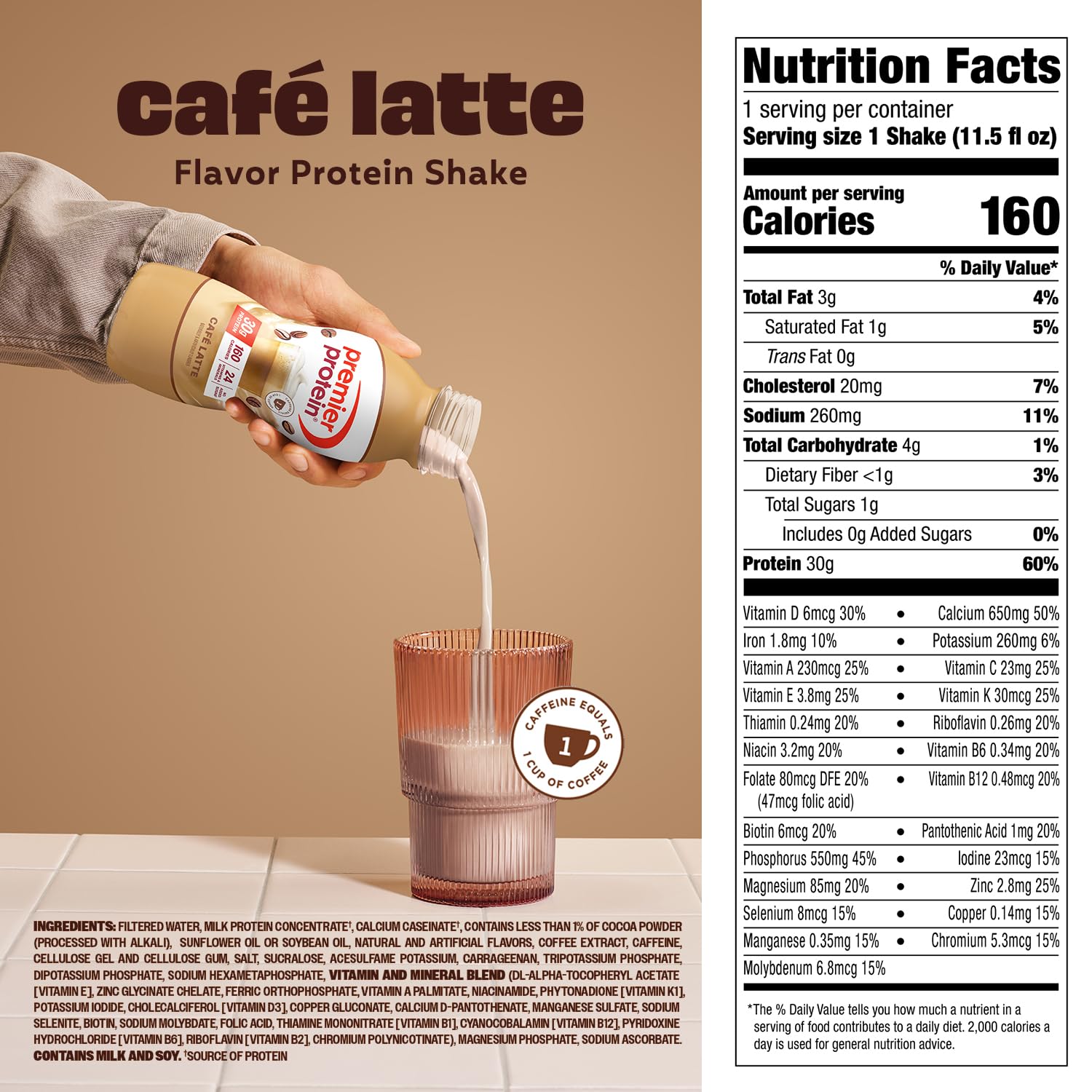 Premier Protein Café Latte blend preview bottle and shake.