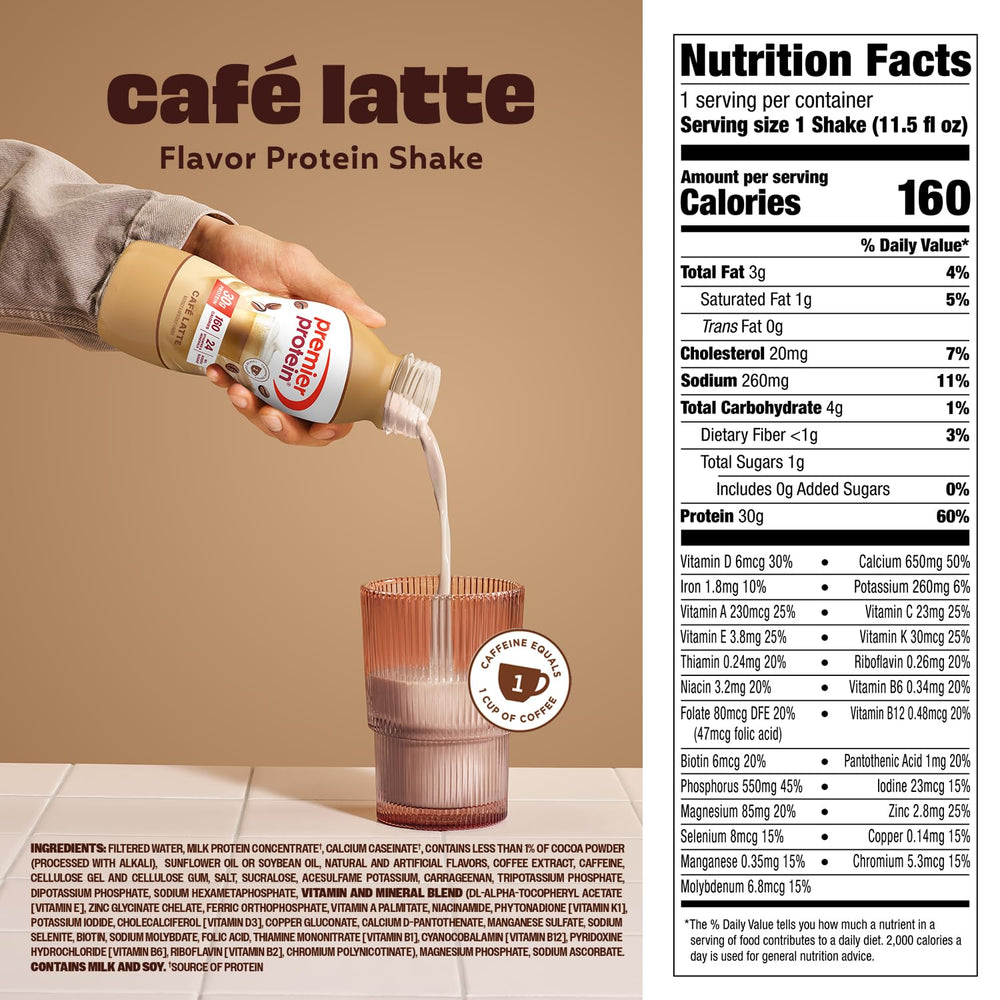 Premier Protein Café Latte blend preview bottle and shake.