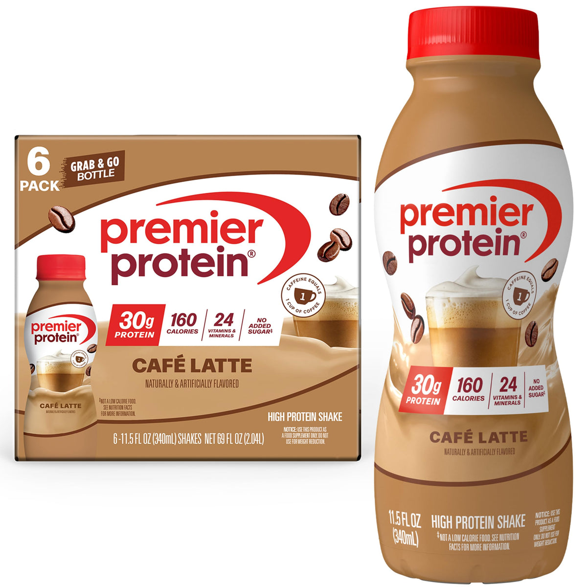 Premier Protein Café Latte bottle ready-to-drink for on-the-go energy.