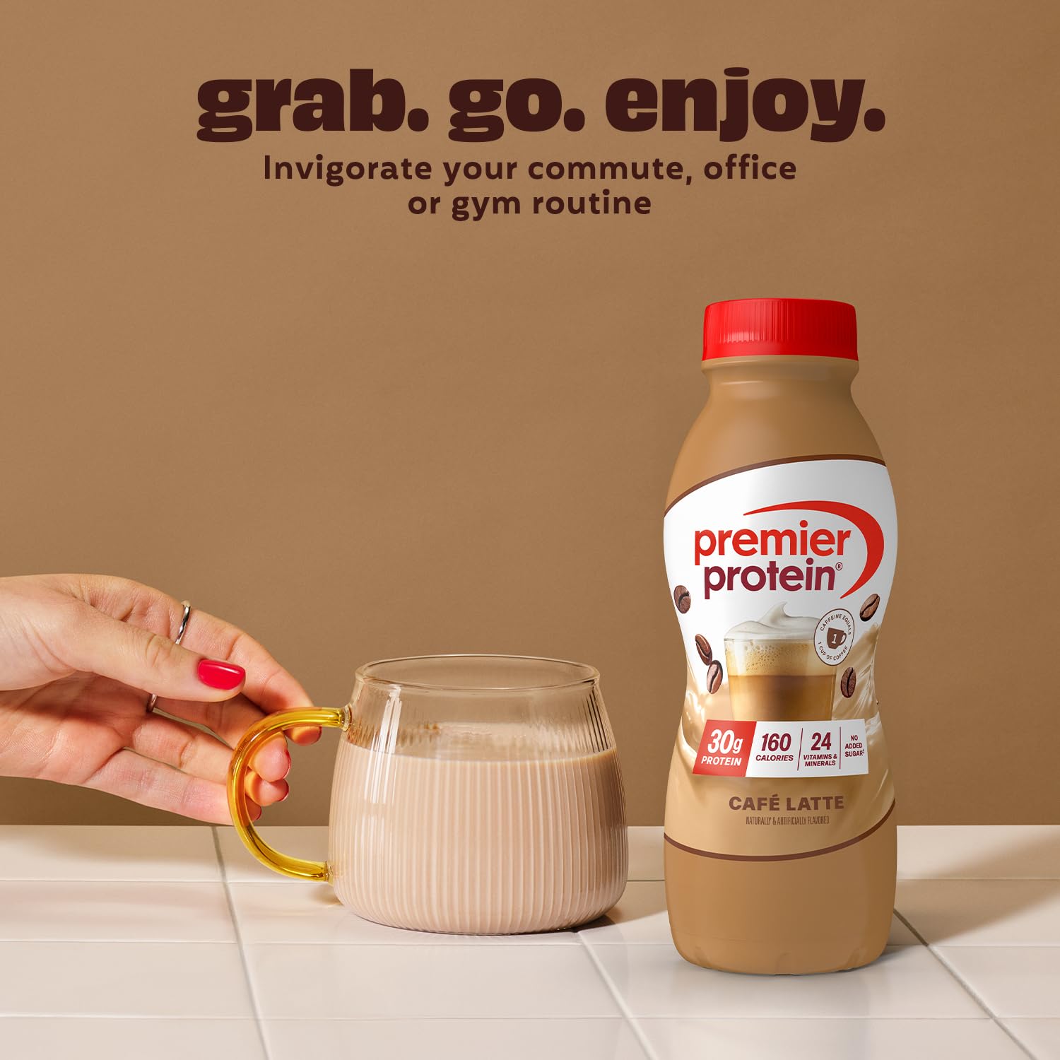 Premier Protein Café Latte on-the-go snack option.