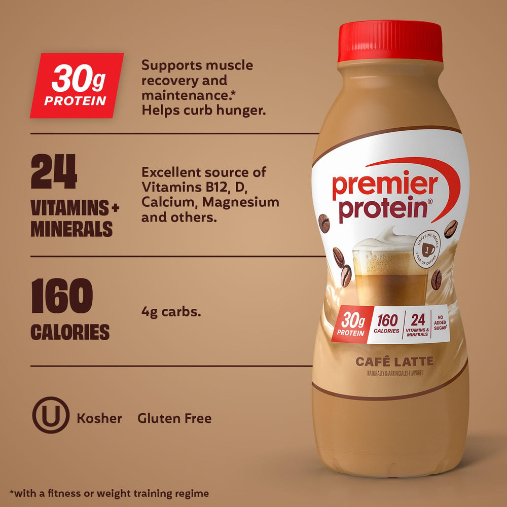Premier Protein Café Latte on-the-go bottle for post-workout fuel.