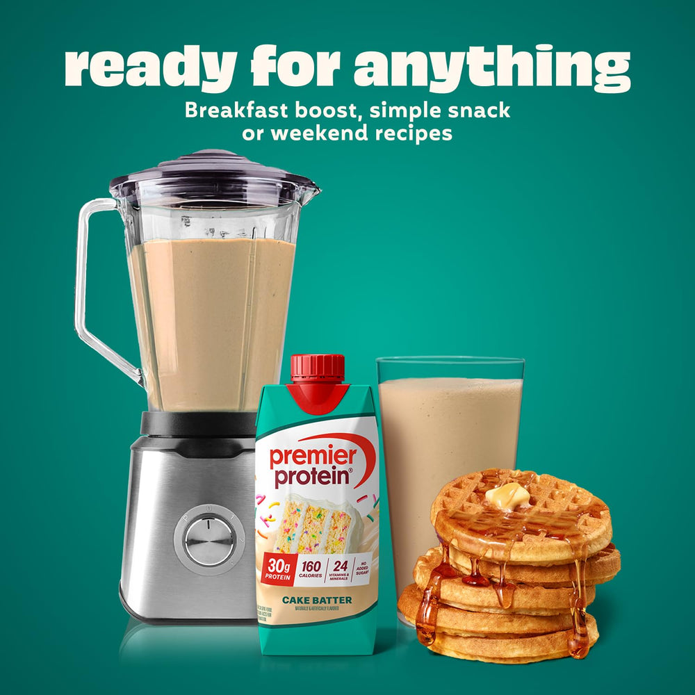 Premier Protein Cake Batter with cereal for a balanced morning snack.