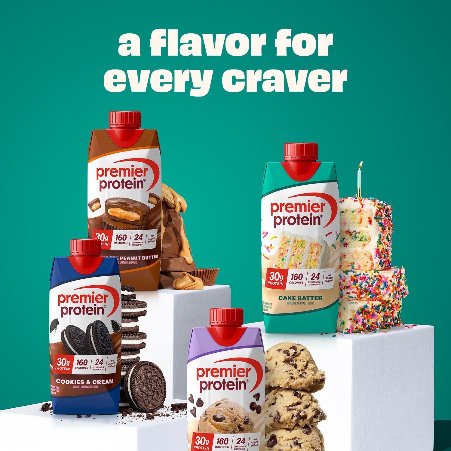 Premier Protein Cake Batter packaging highlighting 30g protein and 24 vitamins.