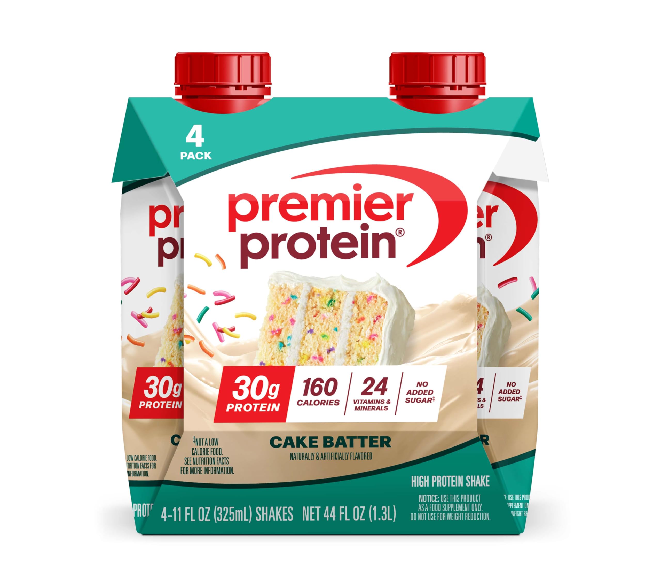 Premier Protein Cake Batter shake in bottle with creamy texture and 30g protein.