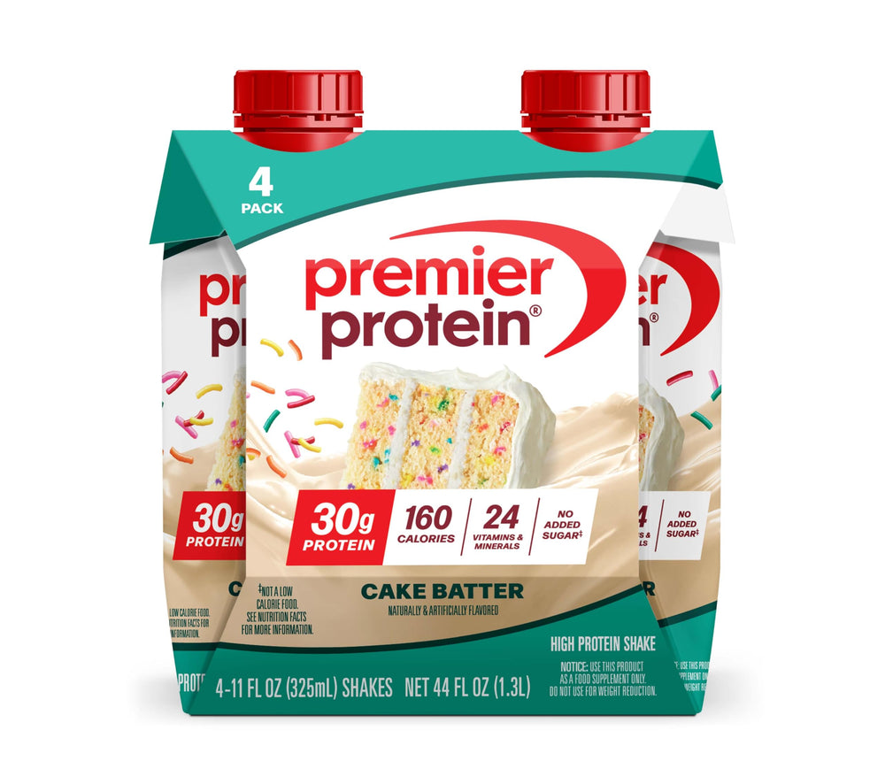 Premier Protein Cake Batter shake in bottle with creamy texture and 30g protein.
