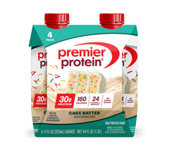 Premier Protein Cake Batter shake in bottle with creamy texture and 30g protein.