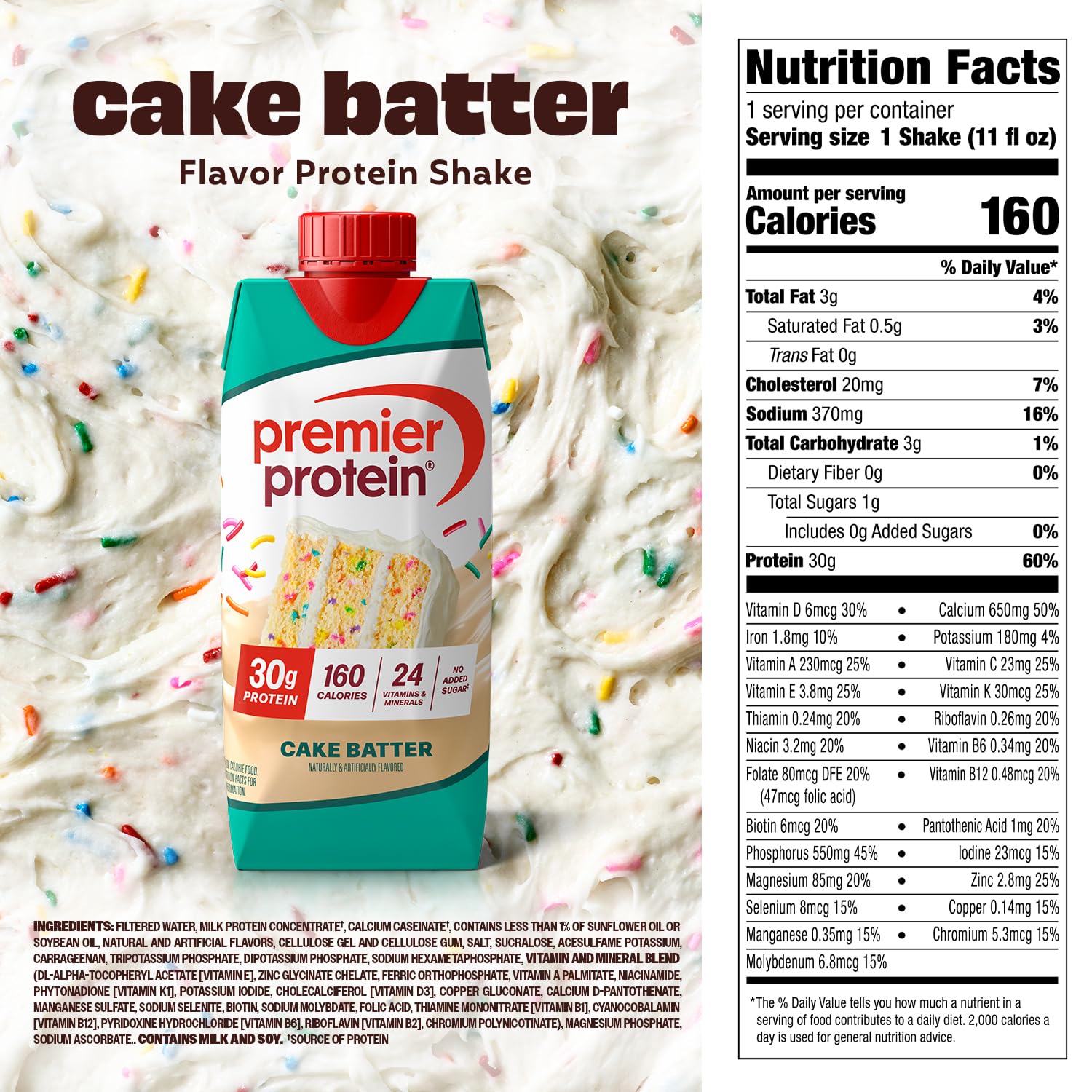 Premier Protein Cake Batter shake being poured into a glass for a quick breakfast.