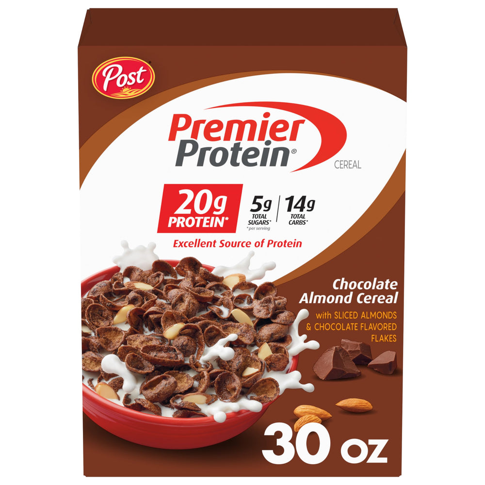 Premier Protein Chocolate Almond Cereal bowl with milk for a protein-packed breakfast.