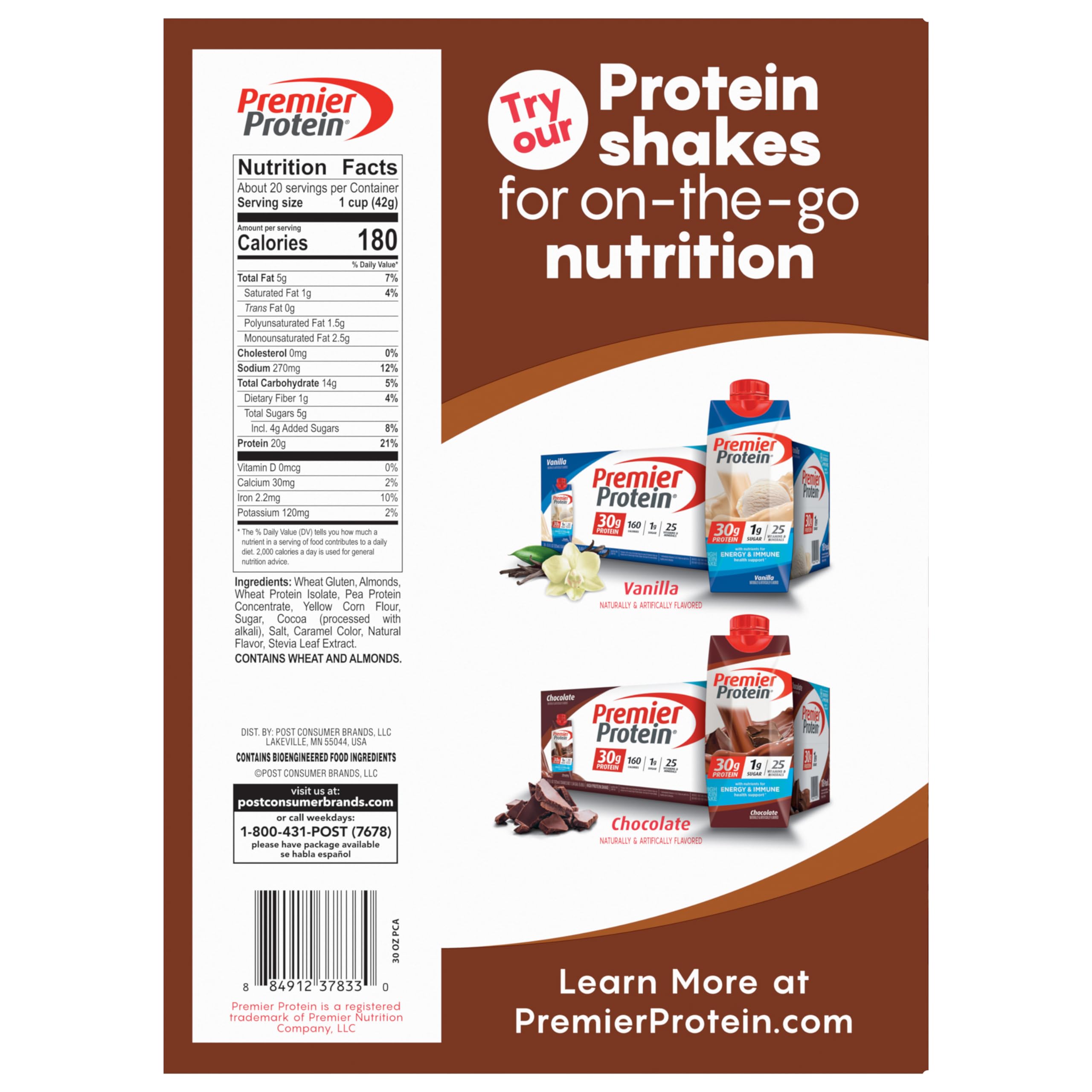 Premier Protein Chocolate Almond Cereal in a cozy kitchen scene for busy mornings.