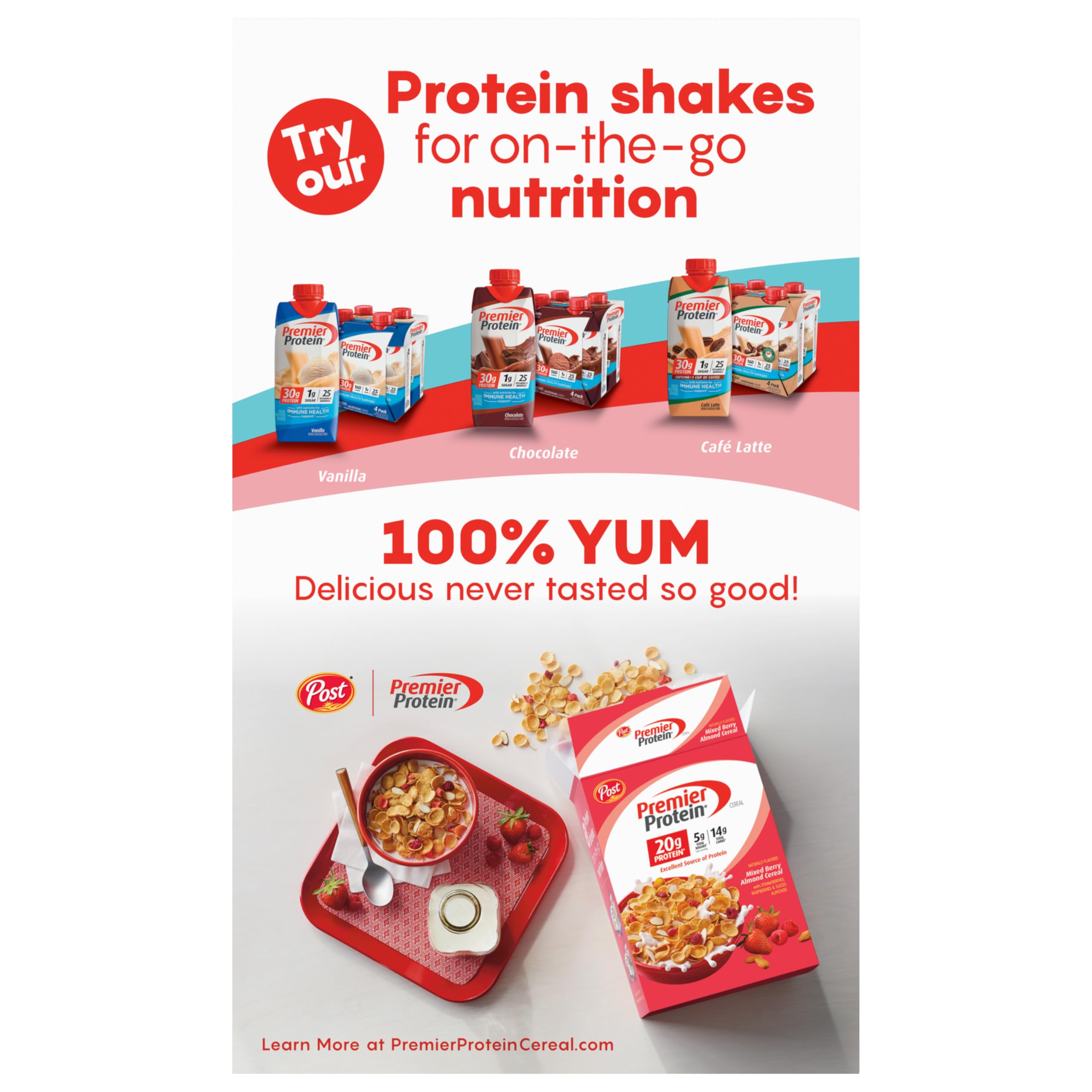 Family breakfast with Premier Protein Chocolate Almond Cereal bowls at morning table.