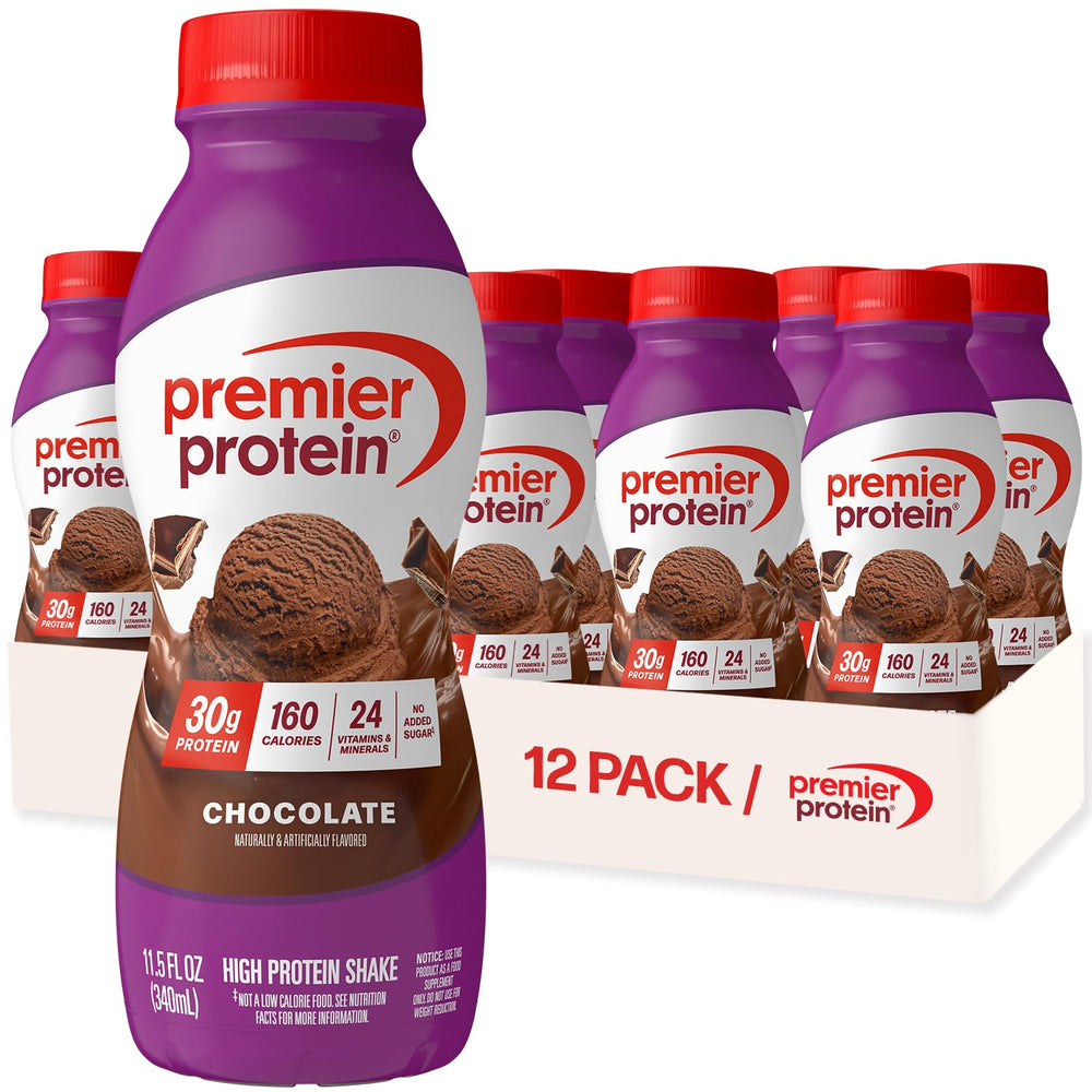 Premier Protein Chocolate bottle pour showing convenient on-the-go nutrition