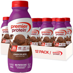 Premier Protein Chocolate bottle pour showing convenient on-the-go nutrition