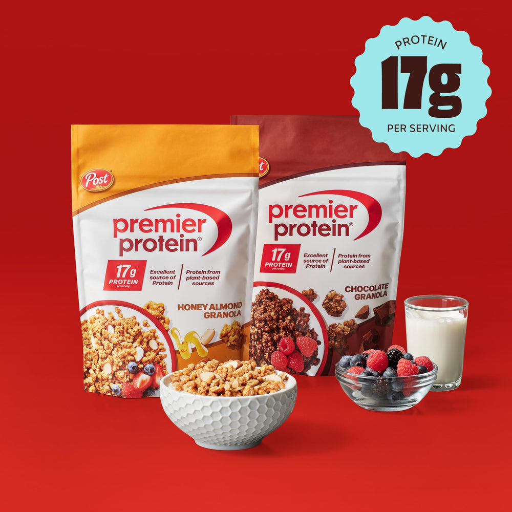 Premier Protein Honey Almond Granola bag opened to reveal crunchy clusters.