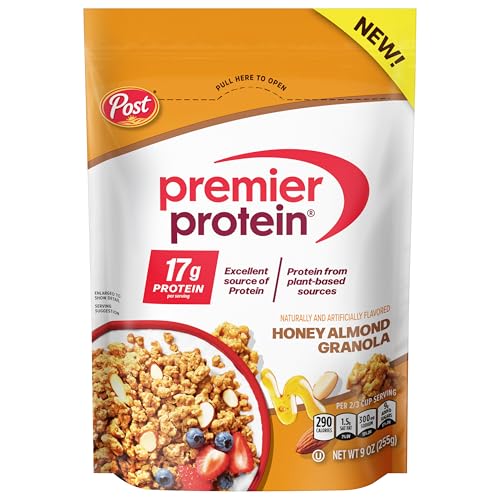 Premier Protein Honey Almond Granola sprinkled into a morning yogurt bowl.