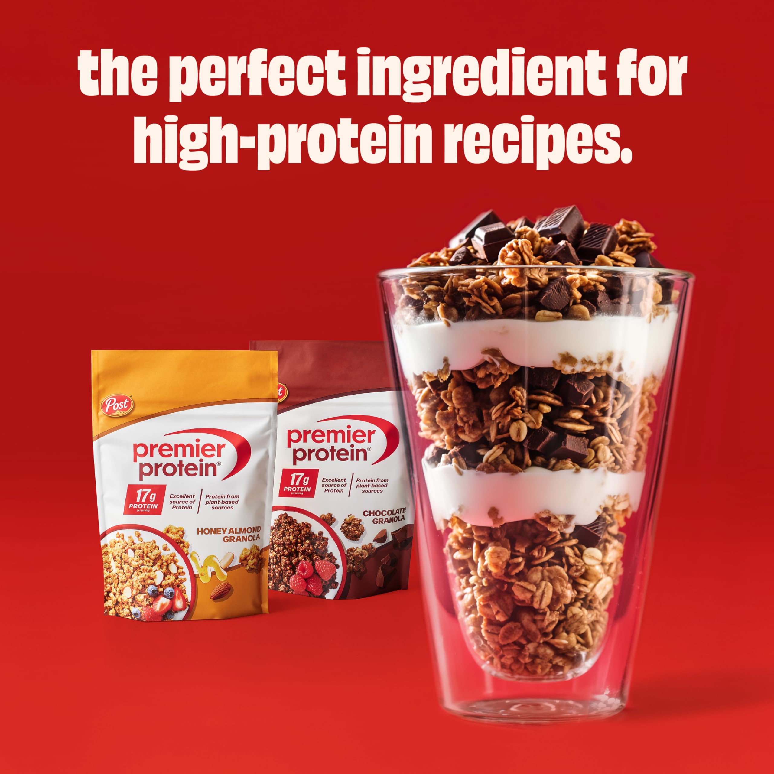 Premier Protein Honey Almond Granola on-the-go snack held in hand.